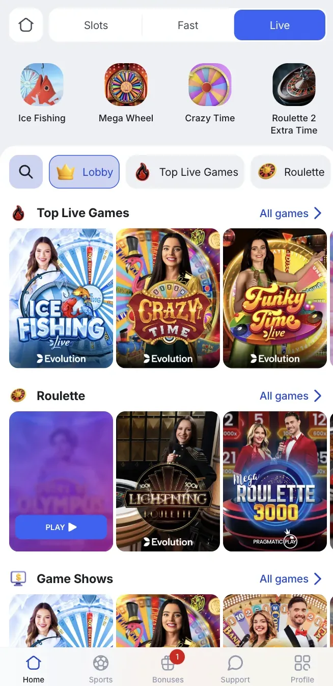 Glory Casino Brazil live casino on mobile with Crazy Time and Ice Fishing